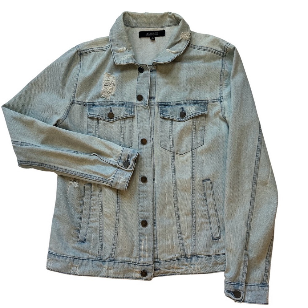 Elwood Men's Large Light Blue Denim Jacket Distressed Bohemian pockets